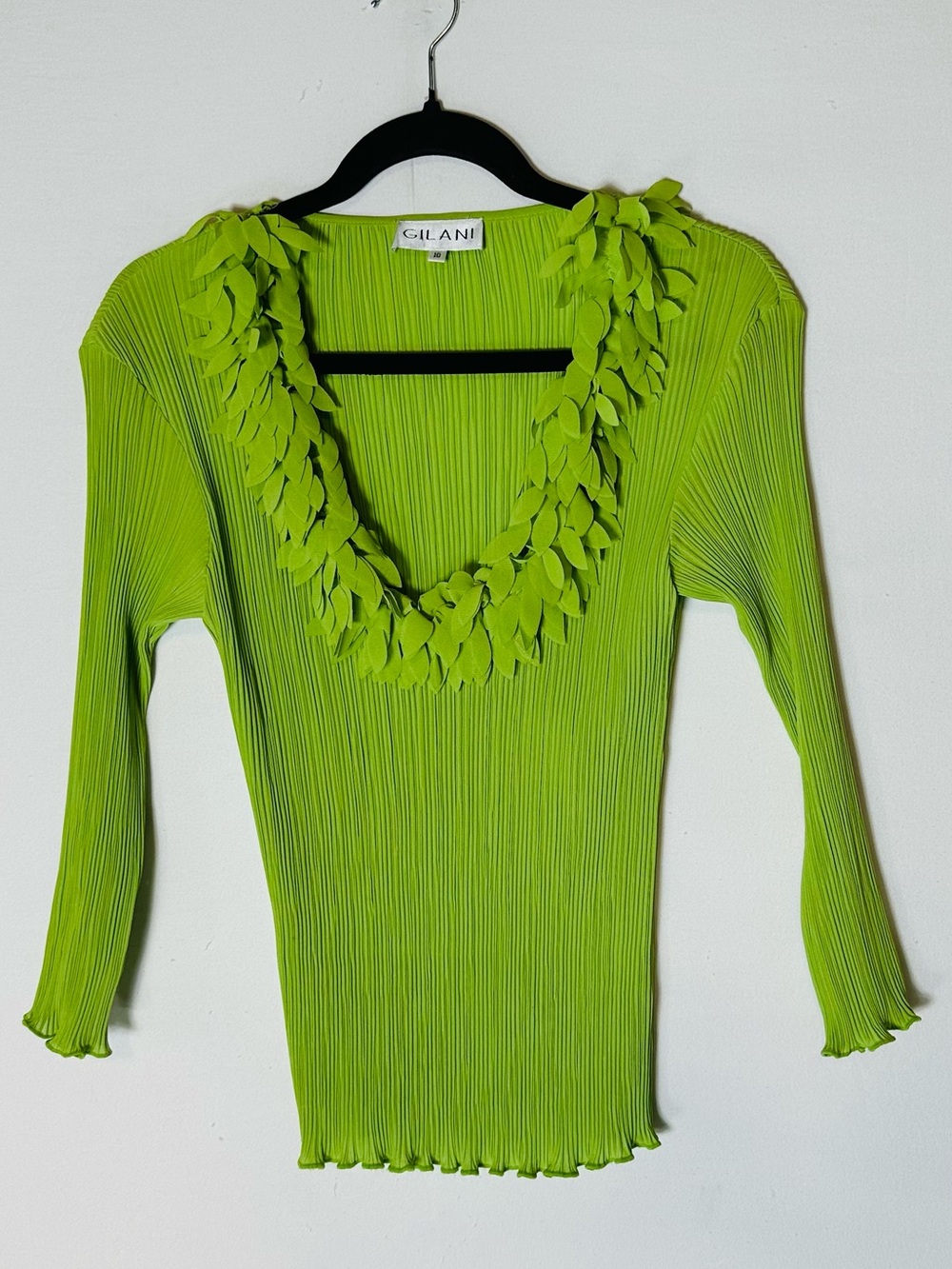 Vintage Gilani Lime Green Plisse Pleated Blouse W Lettuce Edge & Bold Neck M